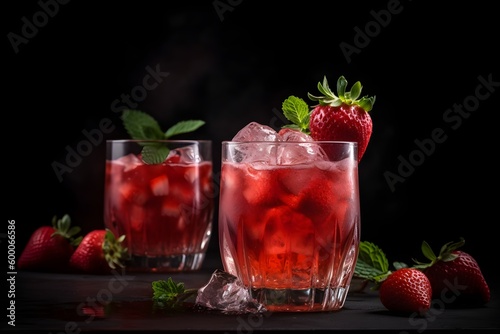 A glass of fresh strawberry juice served with ice and labeled with a product code.