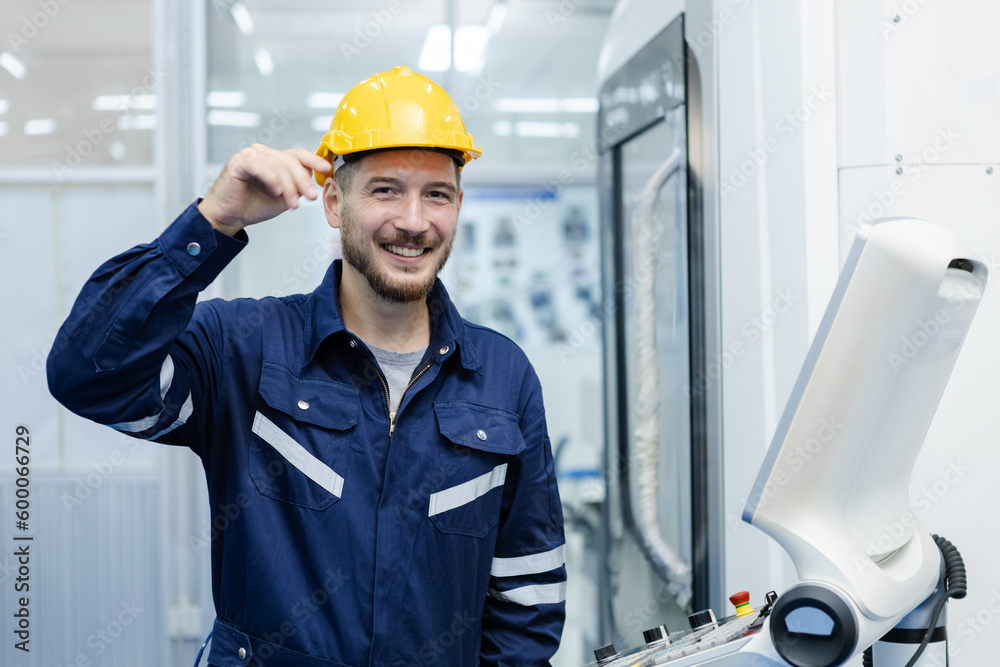 Portrait of happy smiling male engineer workers standing in manufacturing factory workplace. professional technician production operator CNC machine at factory. Portrait of happy smiling male engineer workers standing in manufacturing factory workplace. professional technician production operator CNC machine at factory.