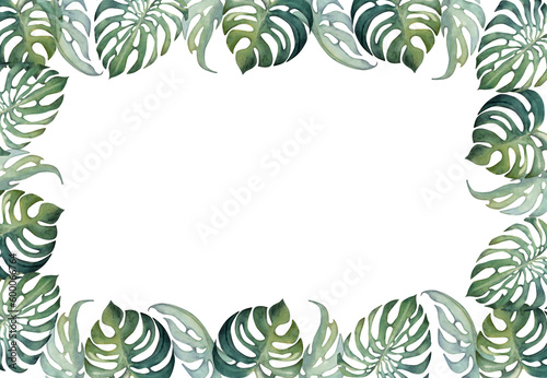 Hand drawn watercolor exotic monstera leaves and hibiscus flowers. Circle wreath frame. Isolated on white background. Design wall art  wedding  print  fabric  cover  card  tourism  travel booklet.