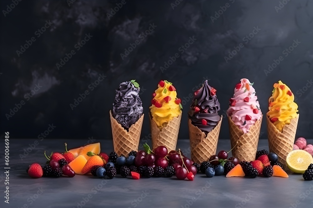 A colorful array of ice cream flavors in crispy cones, including blueberry.