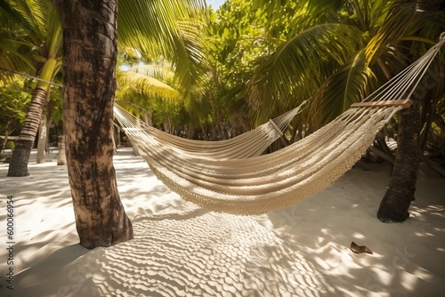 A comfortable traditional braided hammock suspended in the shade amidst a tropic setting.