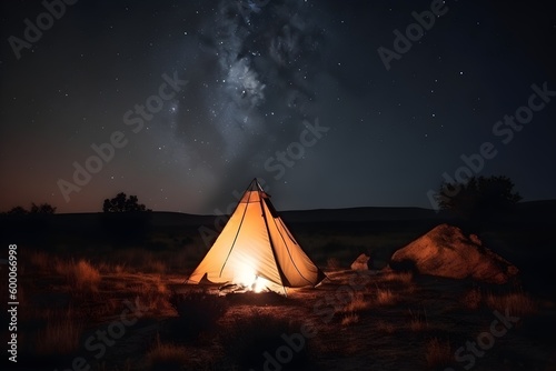 A white triangular camping tent standing under a starry sky.