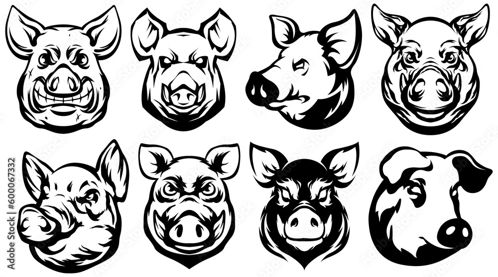 Pig head mascot. Swine logo. Hog illustration set.