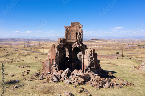 Aerial view of the ruins of Arakelots Monastery on sunny summer day. Pemzashen  Shirak Province  Armenia.