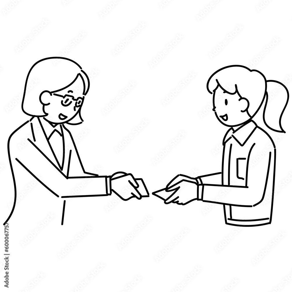 名刺交換をする作業服の女性とスーツ姿の女性 名刺交換をする作業服の女性とスーツ姿の女性