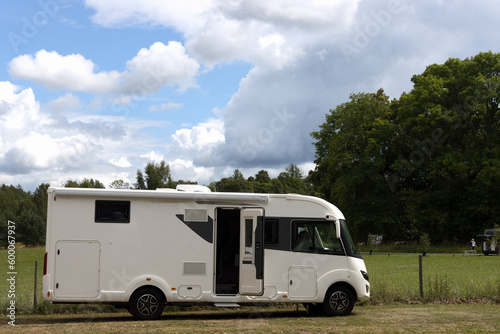 Luxury camper van on a natural campsite in Sweden. 