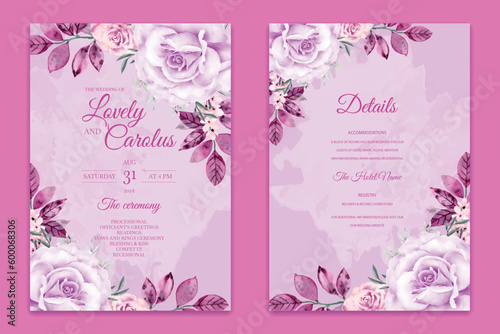 A pink and purple wedding invitation with a floral design and a quote about save the date