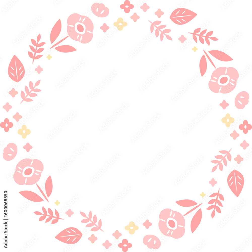 円形のフレーム　花と葉っぱ　ピンク