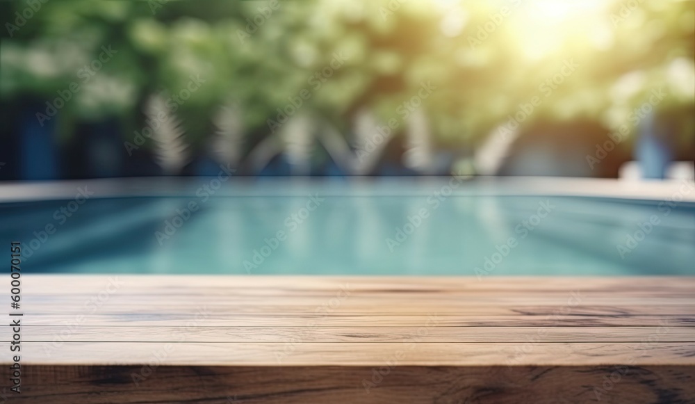Empty Wooden Table for Product Showcase with Blurry Pool Background and Copy Space. Generative AI illustrations