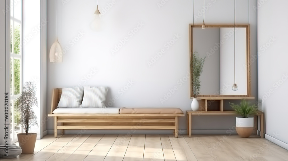Fototapeta premium Mock up frame in home interior background, white room with natural wooden furniture. Generative Ai