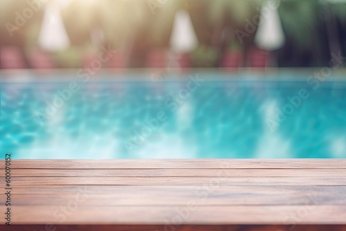 Empty Wooden Table for Product Showcase with Blurry Pool Background and Copy Space. Generative AI illustrations