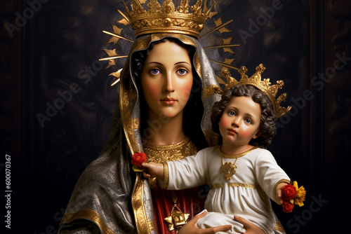 Virgen del Carmen, Blessed Virgin Mary, Our Lady Nossa Senhora do Carmo, mother of God in the Catholic religion, Madonna, religion faith Christianity Jesus Christ, saints holy. Generative AI photo