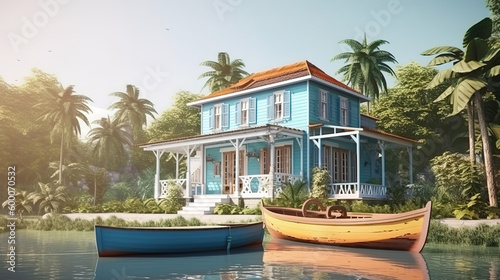 Tropical beach house near pond with boat  Coastal style house. Generative Ai