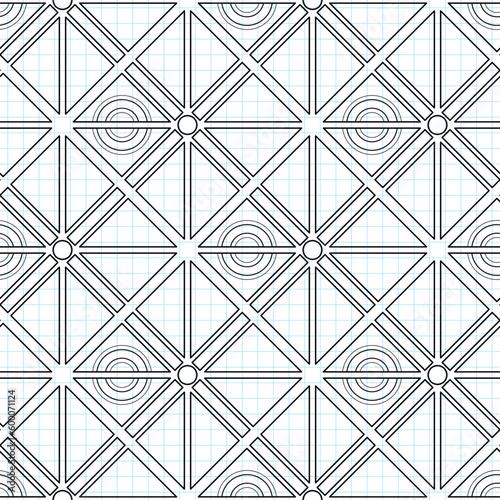 Seamless Geometric Pattern with Triangles, Drawn on Checkered Notebook. Endless Modern Mosaic Texture.  Fabric Textile, Wrapping Paper, Wallpaper. Vector Contour Illustration. Coloring Book Page