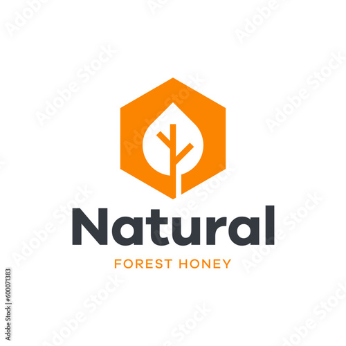 Simple logo combination of leaf and bee house hexagon. Suitable for use for forest honey logos.
