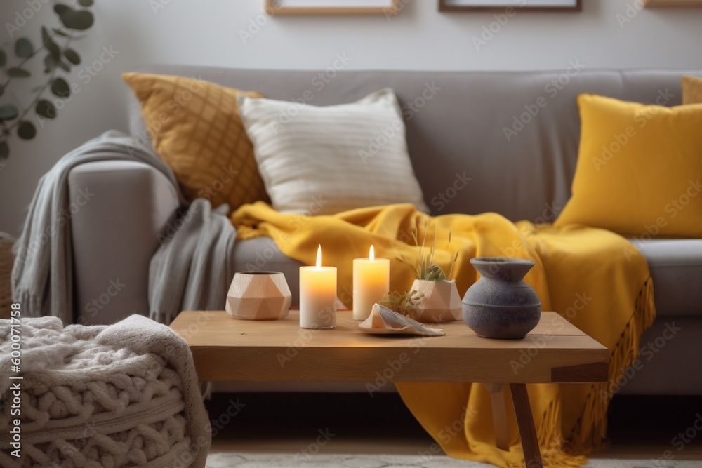 interior pillow yellow cushion home sofa grey house orange modern decor. Generative AI.