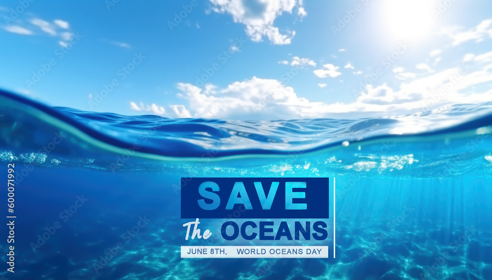 Naklejka premium Under the ocean with SAVE THE OCEANS text , Generative Ai