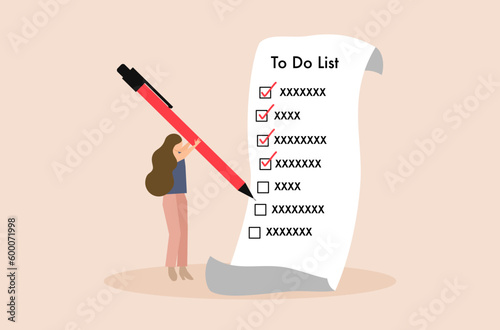 A businesswoman is checking to do list vector, woman’s working on paper vector, a woman is planning to do list, businesswoman’s writing down to do list on paper, productive woman is planning to work.