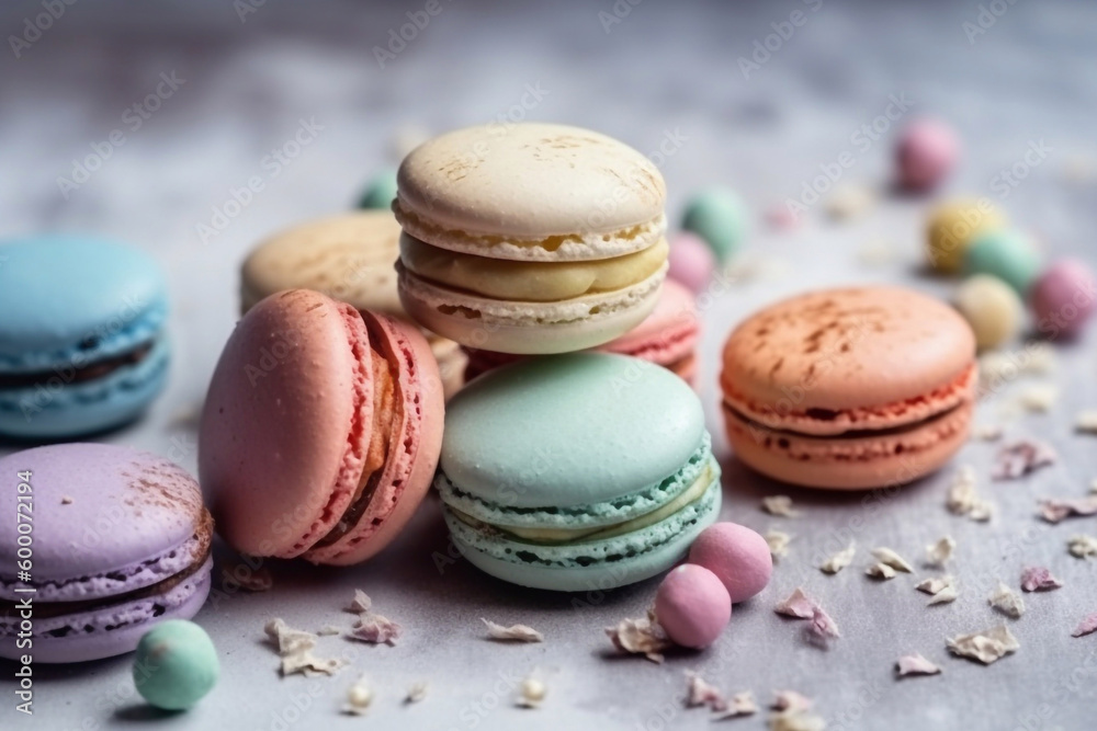 Colored macarons, close-up. Gift Macarons. Copy space. Generative AI. Colored macarons, close-up. Gift Macarons. Copy space. Generative AI.