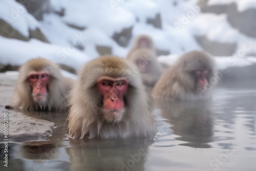 A troupe of mischievous wild monkeys joyfully frolic and play at the outdoor snowing hot spring onsen, appearing carefree and at ease in their natural habitat. generative AI. © Surachetsh