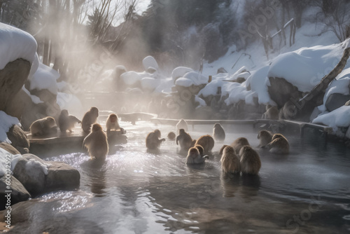 A troupe of mischievous wild monkeys joyfully frolic and play at the outdoor snowing hot spring onsen, appearing carefree and at ease in their natural habitat. generative AI.
