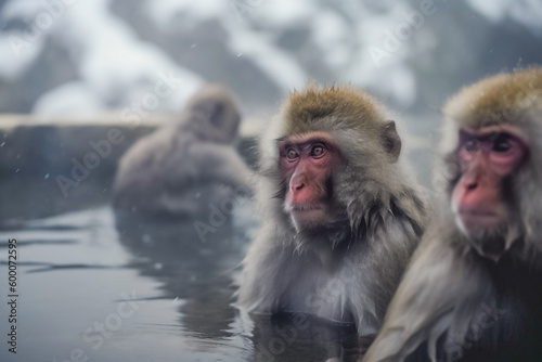 A troupe of mischievous wild monkeys joyfully frolic and play at the outdoor snowing hot spring onsen, appearing carefree and at ease in their natural habitat. generative AI. © Surachetsh