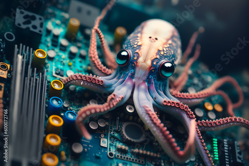 The micro nano octopus, squid, tentacles, made its way into the motherboard to the computer processor. Virus infection concept capture control protect data. Generative AI.