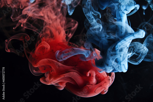 Color explosion of a red and blue smoke cloud. Fluorescent background. Generative AI.