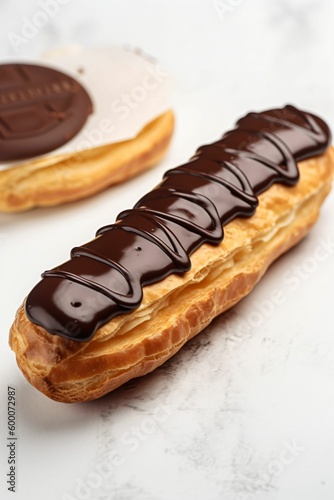 Éclair au chocolat avec glaçage brillant, sur fond blanc, illustration culinaire ia générative