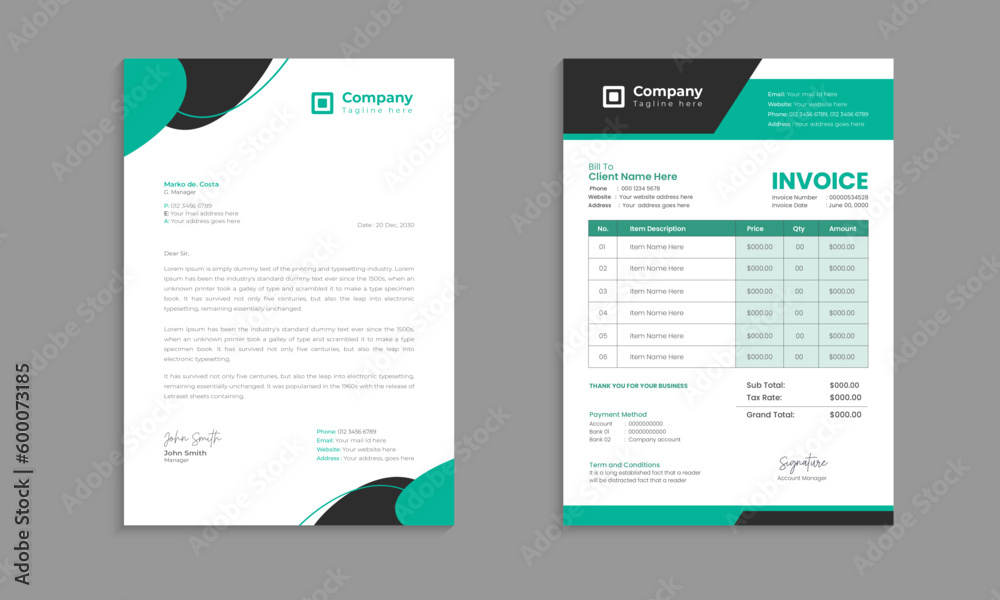 Corporate modern letterhead and invoice design template in abstract style with a bundle