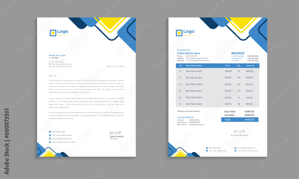 Creative and clean business-style letterhead and invoice design template in flat style print with vector layout bundle Creative and clean business-style letterhead and invoice design template in flat style print with vector layout bundle