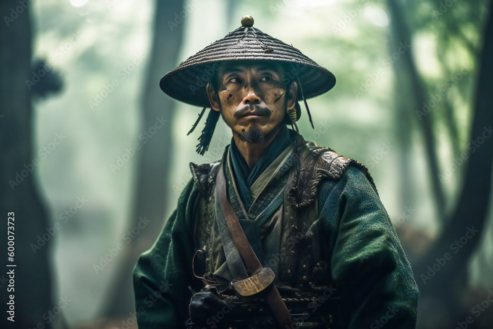 Medieval Japan lone samurai in a green forest. Created with Generative AI technology.