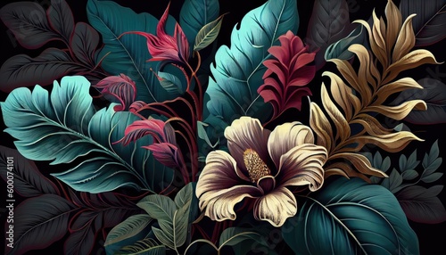 Wallpaper Mural Beautiful Flowers, Exotic Oriental Floral Wallpaper for Interior Decor and Textiles , This wallpaper is suitable for interior mural painting wall art decor. AI Torontodigital.ca