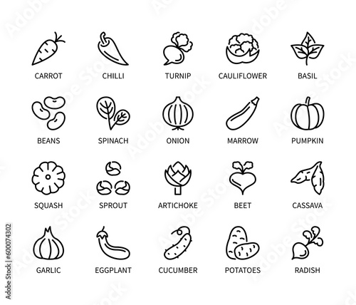 Vegetables, simple set of vector linear icons. Collection of vegetables icons on white background. Vector symbol set of healthy food.