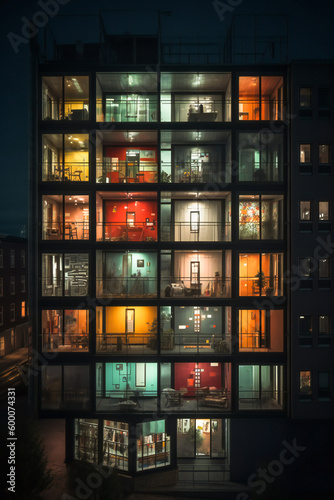Night view of a group of colorful apartments. Created with Generative AI technology.