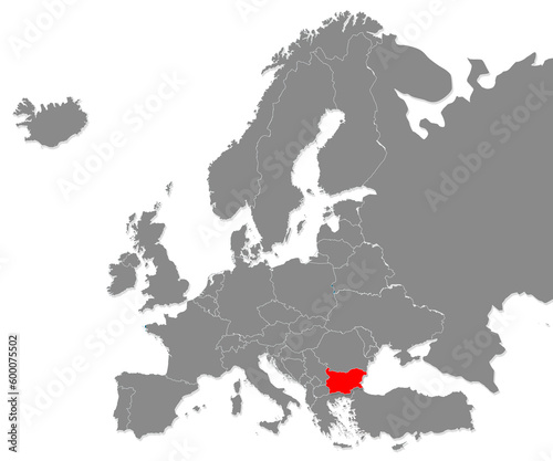 Map of Bulgaria highligted with red in Europe map