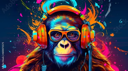 Monkey headphones with graffiti art made with Ai generative technology