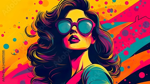 Stunning woman wearing sunglasses with 80's vibe made with AI generative technology