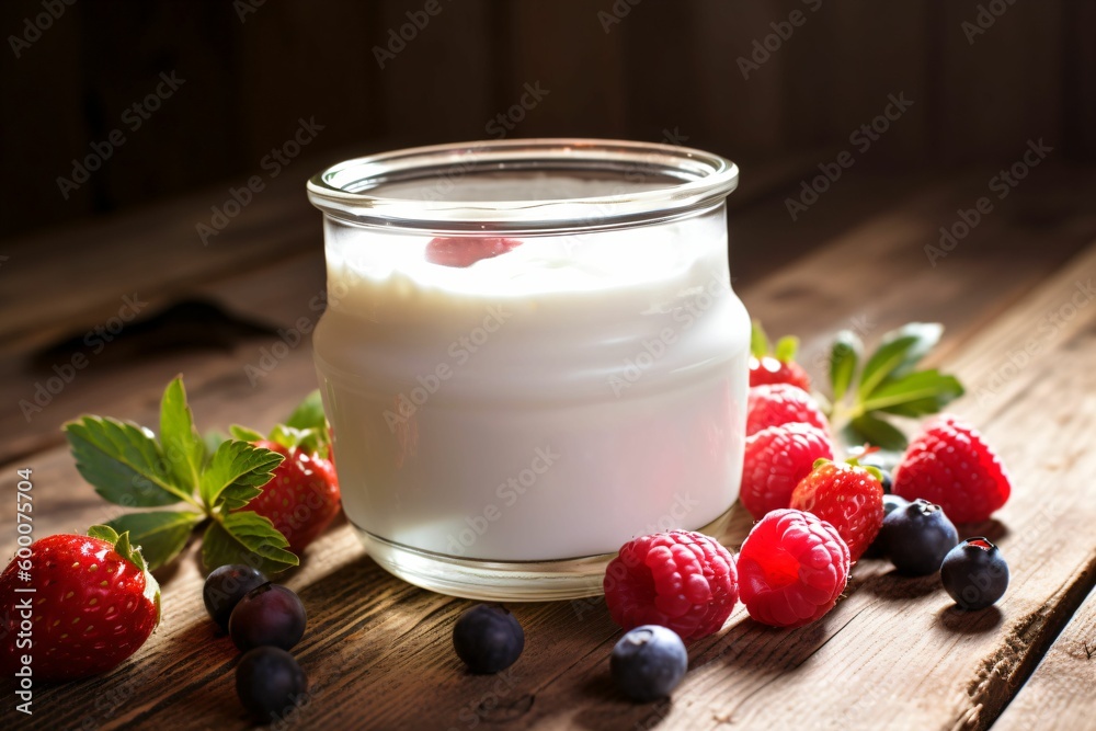 Yaourt Aux Fruits Rouges Yaourt aux fruits rouges, myrtille, fraise ou framboise, dans un pot en ...