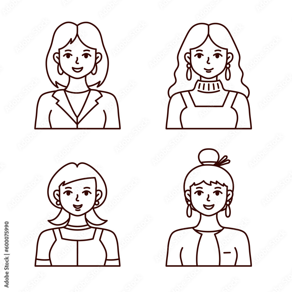 Female avatars vector icons, great for apps, for design, hand draw, isolated, on white background Female avatars vector icons, great for apps, for design, hand draw, isolated, on white background