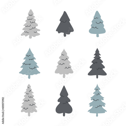 Set of cute christmas trees. Holiday poster with Christmas symbols
