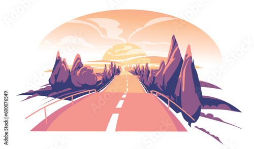 Sunset highway among hills with trees. Pink sky. Horizon, Silence and freedom. Adventure time. Holiday trip. Vector landscape.