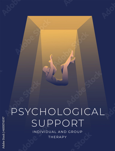 Psychological support concept art poster. Falling naked man in the dark. Metaphor. Light and gradient effect. Vector illustration