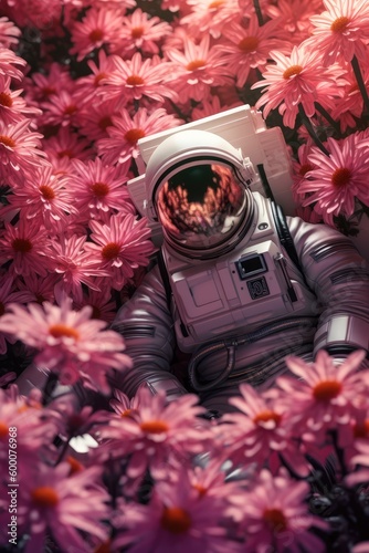Astronaut laying in a flowerfield made with generative ai photo