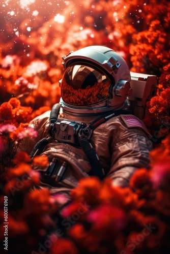Astronaut relaxing in a flowerfield, made with generative ai