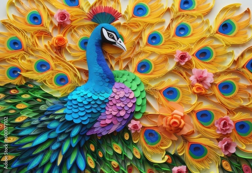 A peacock made by quilling papers, simple color, 3D, This wallpaper is suitable for interior mural painting wall art decor, 3D background. AI