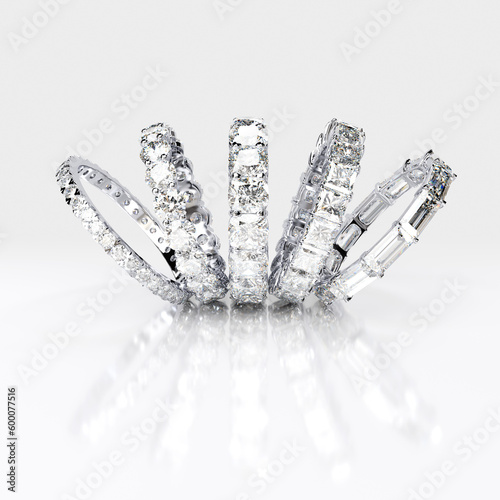 Multiple diamond eternity rings on white background. 3d rendering