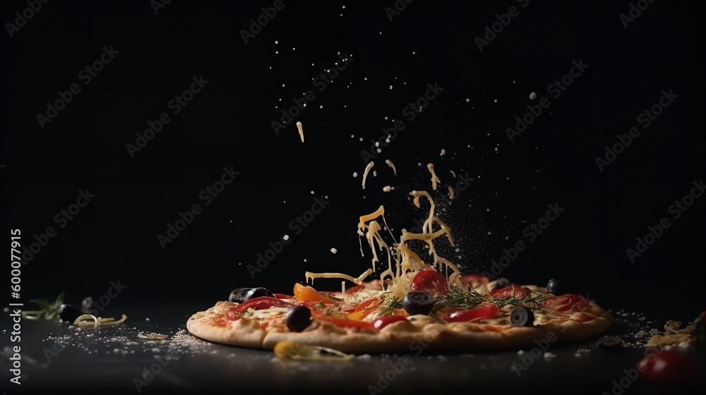 delicious pizza with flying ingredients in a minimal dark scene delicious pizza with flying ingredients in a minimal dark scene