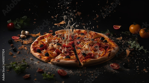 Delicious pizza with flying ingredients in a minimal dark scene