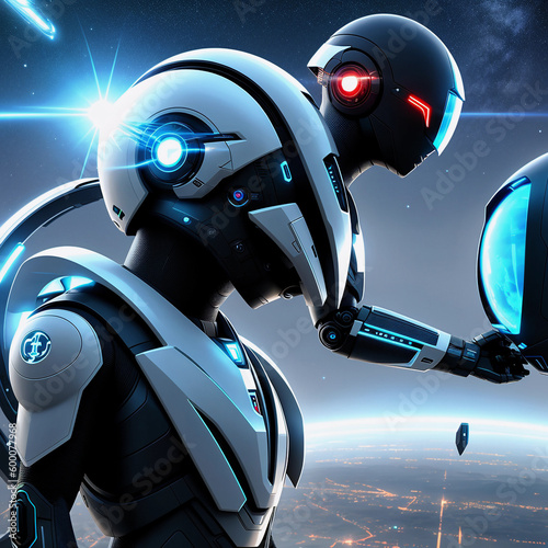robot with spaceship in space